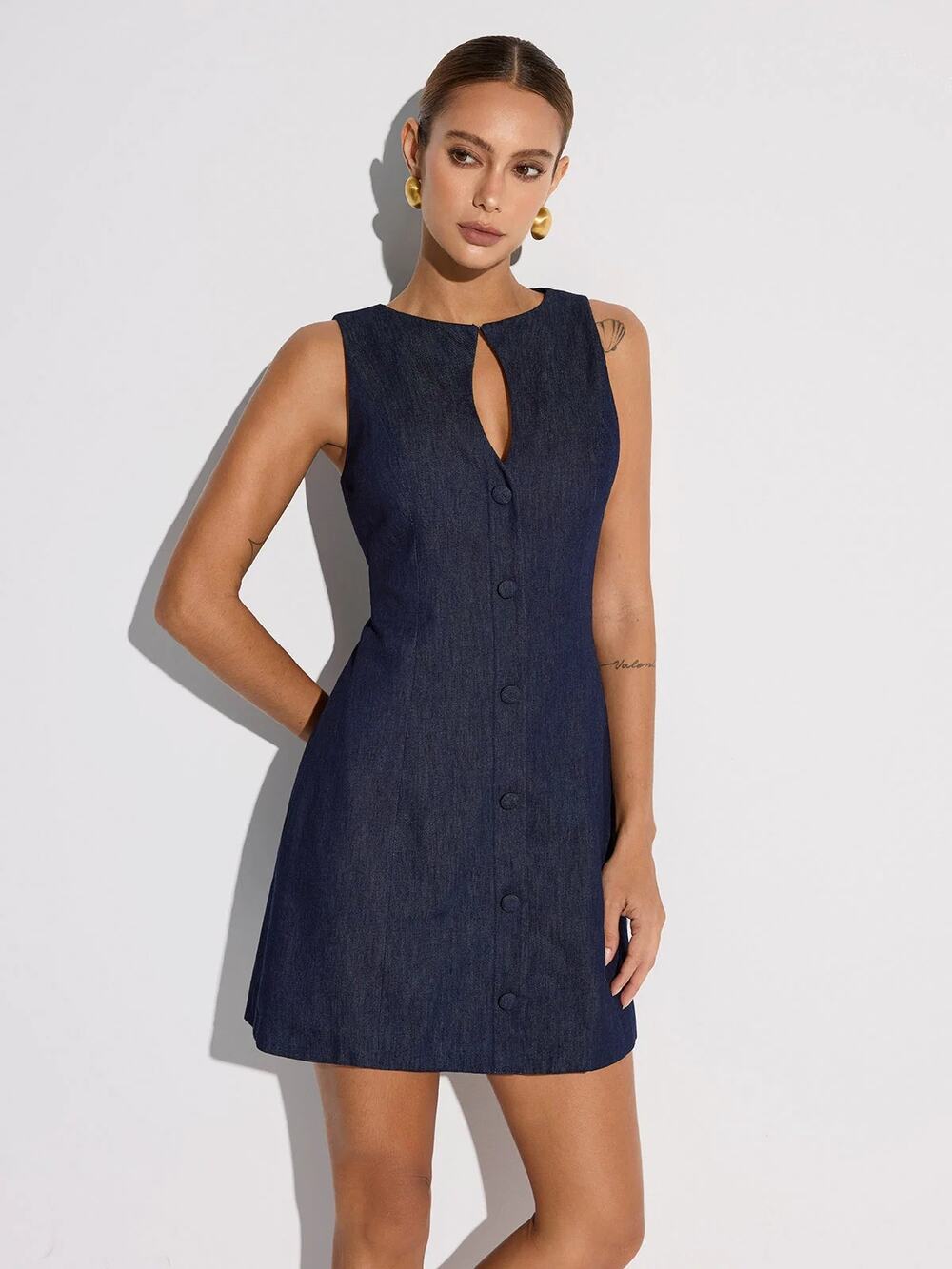 Dress S Commence NWT Keyhole Neckline Button Denim Mini Dark Wash Sleeveless